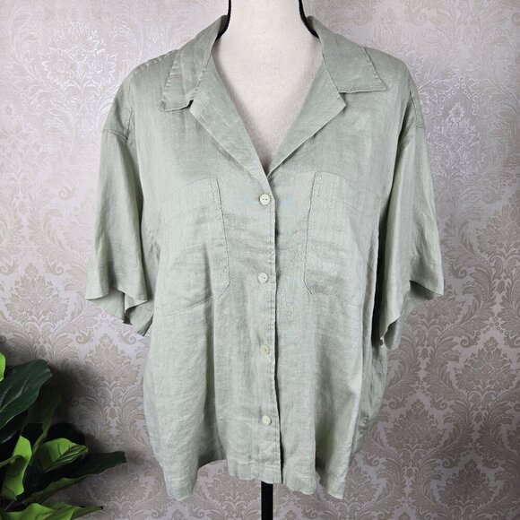 H & M Size Large 100% Linen Sage Green Button Up Shirt Boxy Fit Short Sleeve - Picture 1 of 11